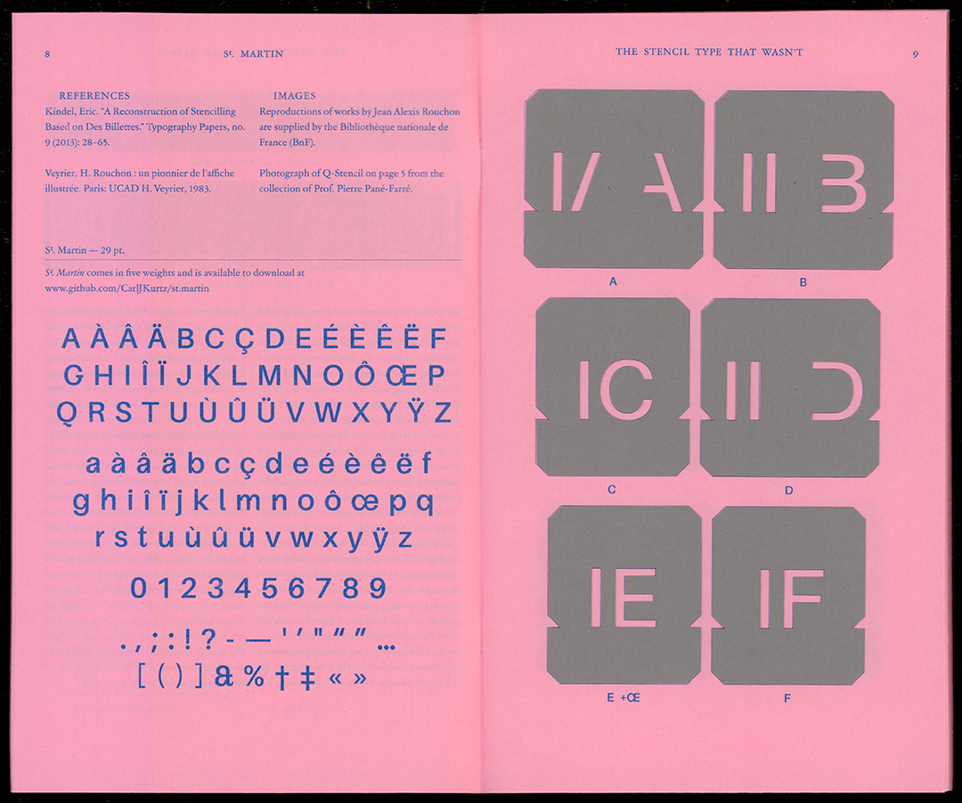 Selection of glyphs included in the typeface and example of physical stencils.